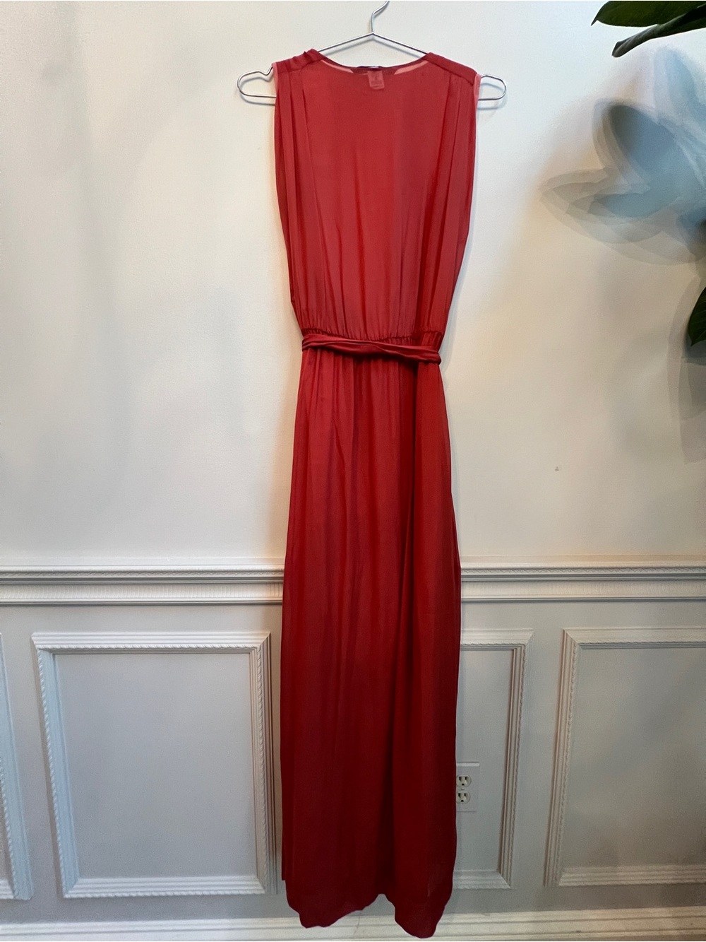 Sleeveless Rust Color Wrap Maxi Dress with Tie Waist. - Picture 9 of 10
